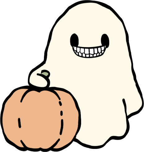 A smiling cartoon ghost resting a hand on a pumpkin
